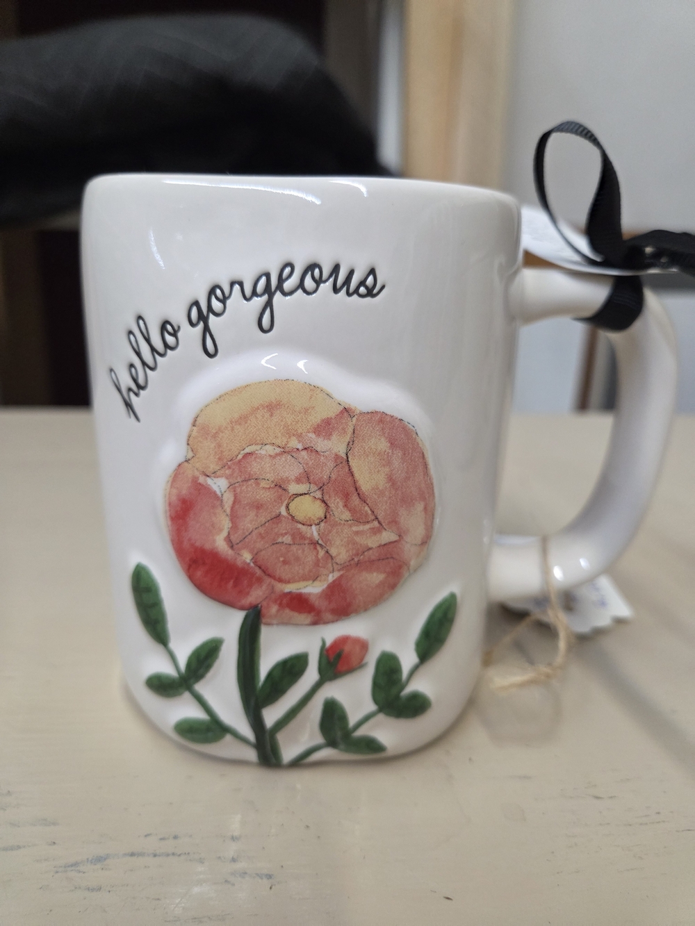 Rae Dunn White Ceramic 'hello gorgeous' Floral Mug with Peach Bloom